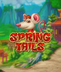 A whimsical illustration of a mouse wearing a red traditional Chinese outfit standing in a picturesque mountain backdrop. The image is for the Spring Tails game by Betsoft, highlighted with prominent red and gold logo lettering.