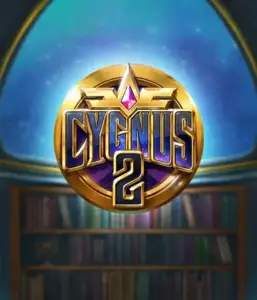 Explore the enchanting graphics of Cygnus 2 Slot by ELK Studios, showcasing a spectacular golden emblem with a bright purple and gold design. Positioned against a starlit library setting, this graphic evokes the essence of exploration and mystery. 